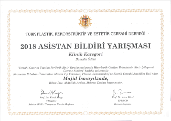 Türk Plastik Rekonstrüktif Ve Estetik Cerrahi Derneği tarafından düzenlenen 40. ulusal kurultayda 'Cerrahi Onarım Yapılan Periferik Sinir Yaralanmalarında Hiperbarik Oksijen Tedavisinin Sinir İyileşmesi Üzerine Etkileri' başlıklı çalışmamız Asistan Bildiri Yarışması Klinik Dalda Birincilik Ödülü'ne layık görülmüştür.