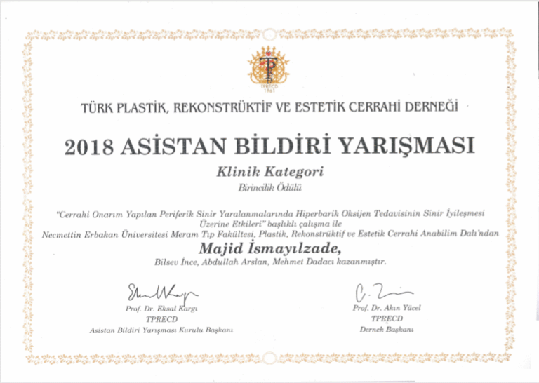 Türk Plastik Rekonstrüktif Ve Estetik Cerrahi Derneği tarafından düzenlenen 40. ulusal kurultayda 'Cerrahi Onarım Yapılan Periferik Sinir Yaralanmalarında Hiperbarik Oksijen Tedavisinin Sinir İyileşmesi Üzerine Etkileri' başlıklı çalışmamız Asistan Bildiri Yarışması Klinik Dalda Birincilik Ödülü'ne layık görülmüştür.