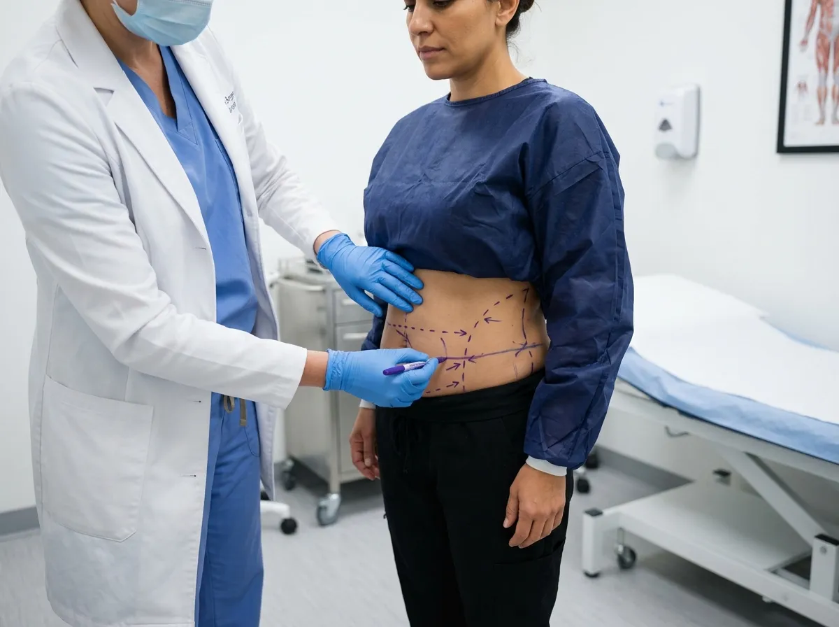 Liposuction öncesi karın ve bel bölgesinde işaretleme yapan hekim